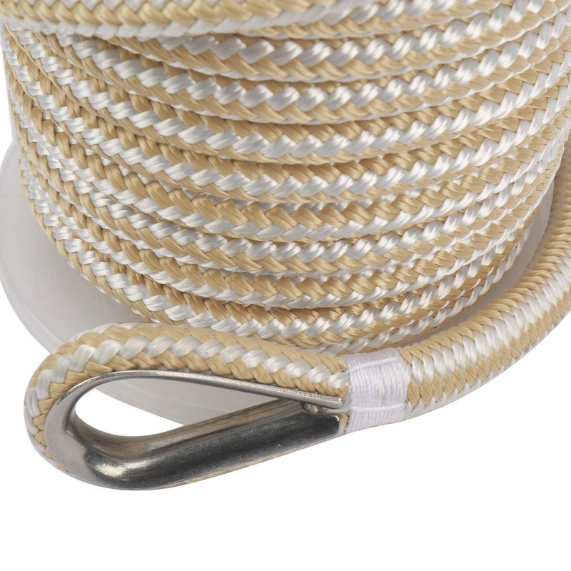 NovelBee 3/8 Inch X 200 Feet Double Braid Nylon Anchor Line with Stainless Steel Thimble and Plastic Chuck (White/Gold) - Image 4